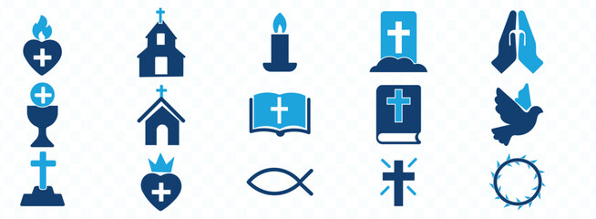 Christianity icon set. cross, church, bible, priest, prayer, Christian, baptism, Jesus and more. Solid vector icons collection