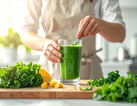 Vibrant green smoothie preparation with fresh kale and orange, promoting healthy lifestyle choices.