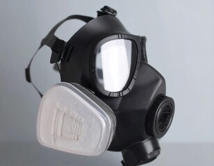 Black gas mask on a light gray background