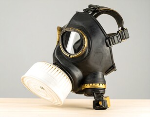 Black gas mask on a light wood surface