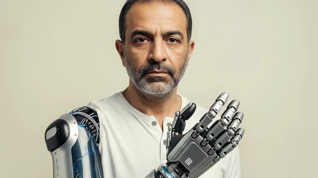 Middle Eastern man demonstrates modular bionic arm prosthesis showcasing customizable components in modern setting
