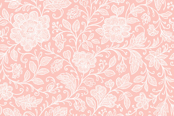 Fototapeta premium Elegant seamless floral pattern with white hand-drawn flowers and leaves on a soft pastel pink background