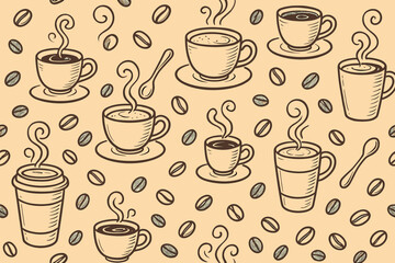 Obraz premium Seamless coffee pattern with hand-drawn cups, mugs, steam, spoons, and coffee beans on beige background