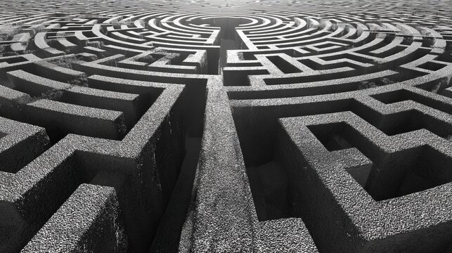 Geometric background with hypnotic black and white stripes moving, continuous sequence, abstract maze or labyrinth