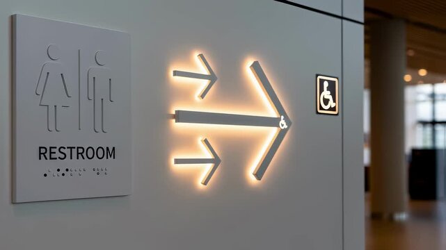 Contemporary medium shot of a tactile genderneutral restroom sign alongside illuminated wayfinding arrows emphasizing accessibility and inclusivity in a public area.