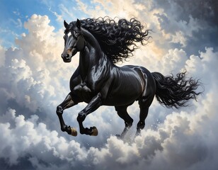 Black horse galloping on clouds