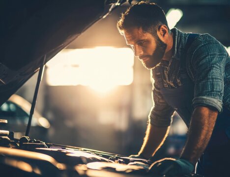 Focused man in safety gear using an angle grinder on metal, creating bright sparks in an industrial workshop environment.