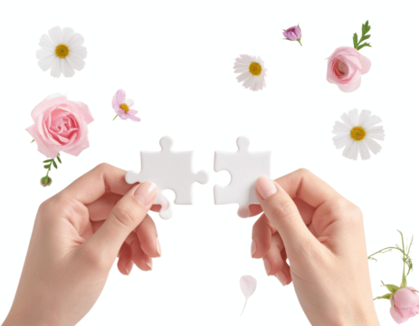Minimal Close-Up Hands Fitting White Puzzle Pieces with Flowers on transparent background PNG 