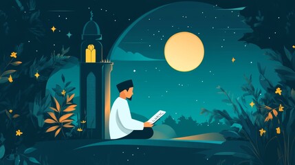 Night of Reflection: A Man Reading Under the Moon
