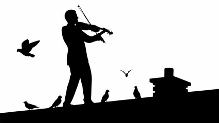 Silhouette of a violinist on a rooftop with birds flying around in a monochromatic illustration