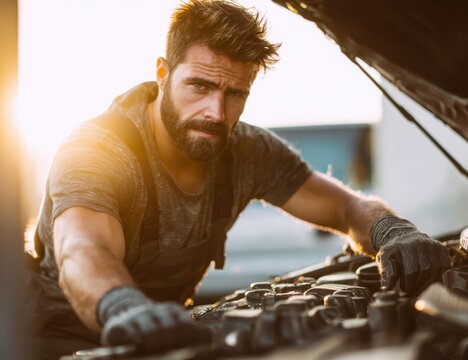 Focused man in safety gear using an angle grinder on metal, creating bright sparks in an industrial workshop environment. - Powered by Adobe