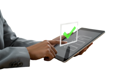 Diverse professional's hand touches a vibrant green checkmark on a sleek tablet screen, modern office desk, subtly blurred background. Concept of validated decision-making