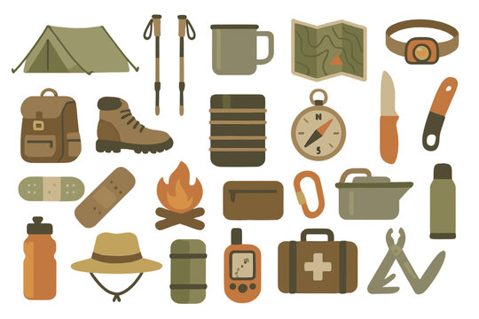Outdoor camping gear essentials including tent, backpack, and cooking tools for adventure enthusiasts