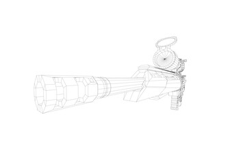 Modern sniper rifle wireframe blueprint with intricate lines and curves on a clean white background.