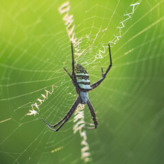 Close-up of a Detailed Argiope Spider on its Intricate Web with a Blurry Green Background in Nature