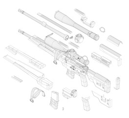 Modern sniper rifle 3D model with detailed wireframe components, scope, and barrel in realistic rendering style.