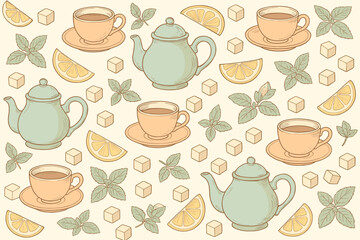 Tea and mint leaves arranged artistically with lemon slices and sugar cubes on a soft background for a fresh aesthetic