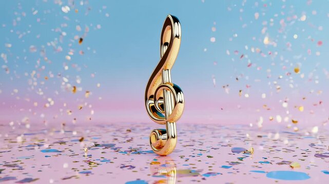 Golden treble clef standing on glitter background with confetti sparkles representing music celebration