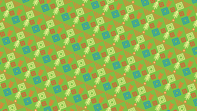 This lively songket pattern features vibrant geometric squares and leaf motifs in blue, red, and green against a fresh light green background, merging traditional designs with a playful, modern touch.