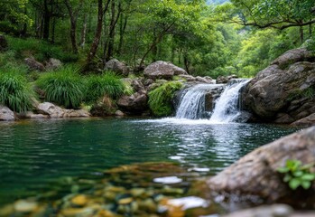 Fototapeta premium waterfall in the forest with green trees and white water, flowing down from top to bottom, sunlight shining on it