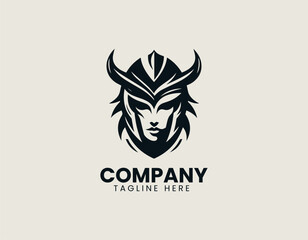 Fototapeta premium Female viking head illustrated as bold warrior vector logo in minimal strong traditional heroic design style