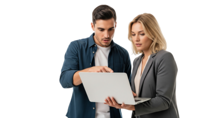Professionals Discussing Work Over Laptop – Team Collaboration on White Background