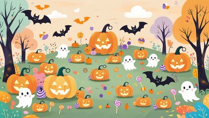 Naklejka premium Cute Halloween hidden picture worksheet for kids, small pumpkins, bats, ghosts, and candies hidden in a larger kawaii scene, pastel style