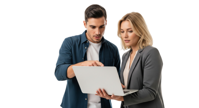 Professionals Discussing Work Over Laptop – Team Collaboration on White Background
