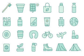 Sustainable travel and eco-tourism icons set with green gear and essentials for environmentally conscious adventures