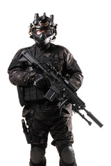 Fototapeta premium Tactical operative in full gear equipped with advanced night vision and modern weaponry against white background