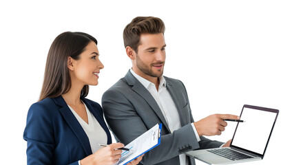 Business Professionals Discussing Work with Laptop and Clipboard – Team Collaboration on White Background