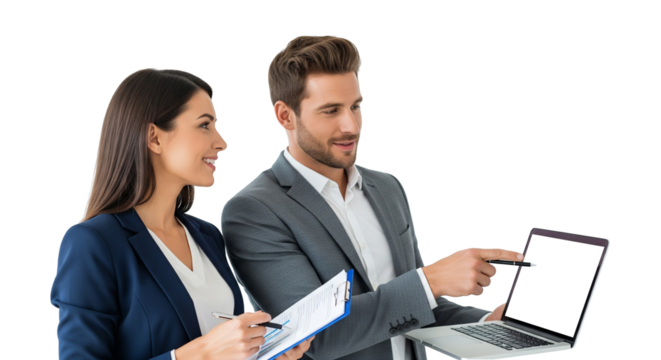 Business Professionals Discussing Work with Laptop and Clipboard – Team Collaboration on White Background
