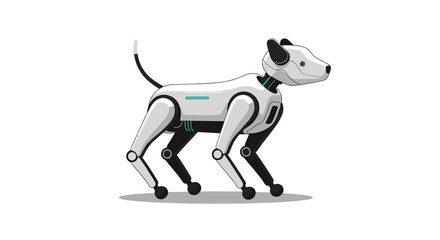 A white and black robot dog walking gracefully with a sleek futuristic design and blue accents on a white background