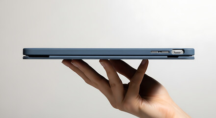 Hand holding a blue tablet with a case against a white background in a studio setting side view