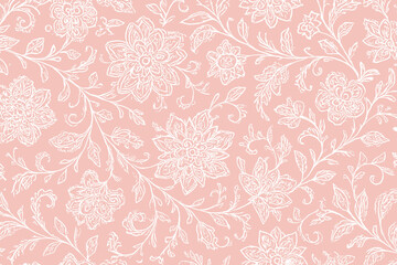 Elegant seamless floral pattern with white hand-drawn flowers and vines on soft dusty pink background
