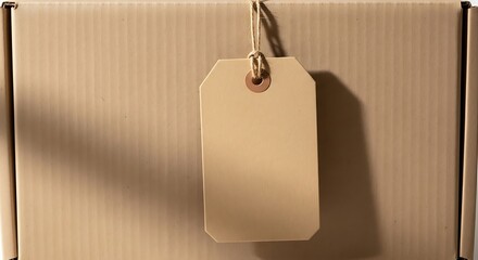 Blank kraft paper tag hanging from twine on a corrugated cardboard box