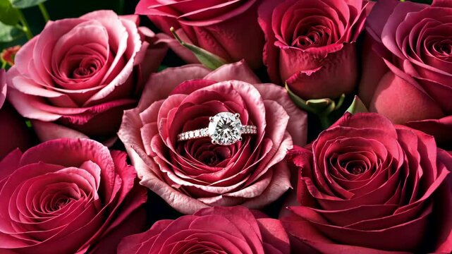 Close up of red roses with sparkling diamond engagement ring placed beautifully in the center creating romantic scene