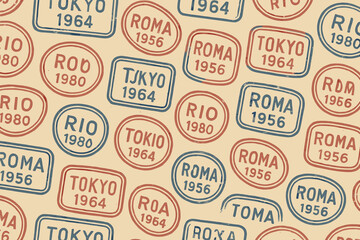 Seamless retro travel stamp pattern with distorted city names and years including Roma 1956, Tokyo 1964, and Rio 1980 on vintage paper background