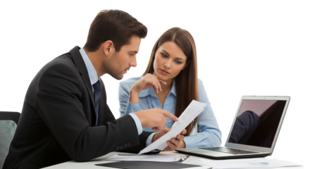 Business Professionals Discussing Document – Collaborative Work Session at Desk on White Background