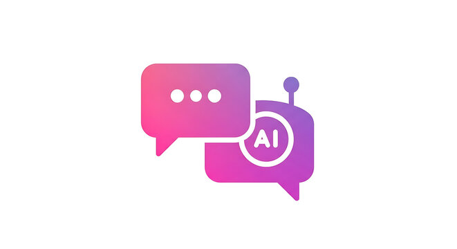 A gradient purple and pink ai chat bot icon with speech bubbles on a white background illustration
