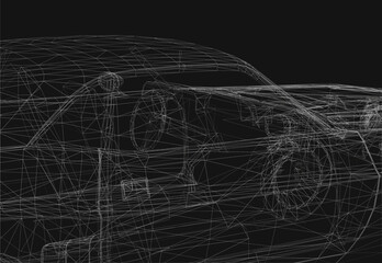 Vintage car wireframe model on black background, showcasing detailed 3D design with classic automotive structure and clean lines.