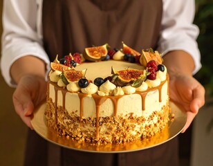 A decorated cake held aloft