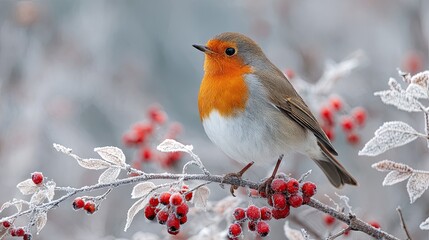 Robin bird perched on frosty berry branch in winter nature scene with red berries and cold background