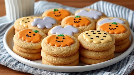 Halloween Decorated Cookies on Plate with Milk Perfect for Party Treats