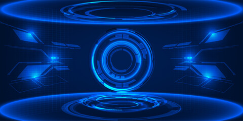 Abstract digital technology stage and background with circle hud and digital circuit curved backdrop.Futuristic technology concepts.Vector illustrations.