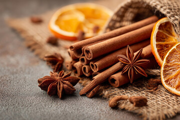 A flat lay of scattered cinnamon sticks, star anise, and dried orange slices, creating a fragrant holiday aroma.