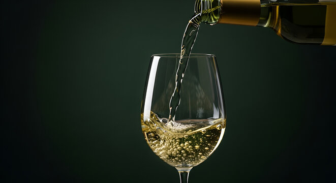 Banner of Pouring a Glass of White Wine A close-up shot of white wine being poured into a glass against a dark background.