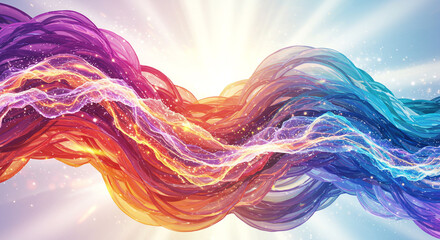 Vibrant abstract waves of light and color flow dynamically, creating a mesmerizing, energetic visual experience.
