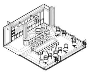 Black and white restaurant layout drawing with tables, chairs, and kitchen area in clean contour style.