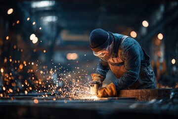 Focused man in safety gear using an angle grinder on metal, creating bright sparks in an industrial workshop environment.